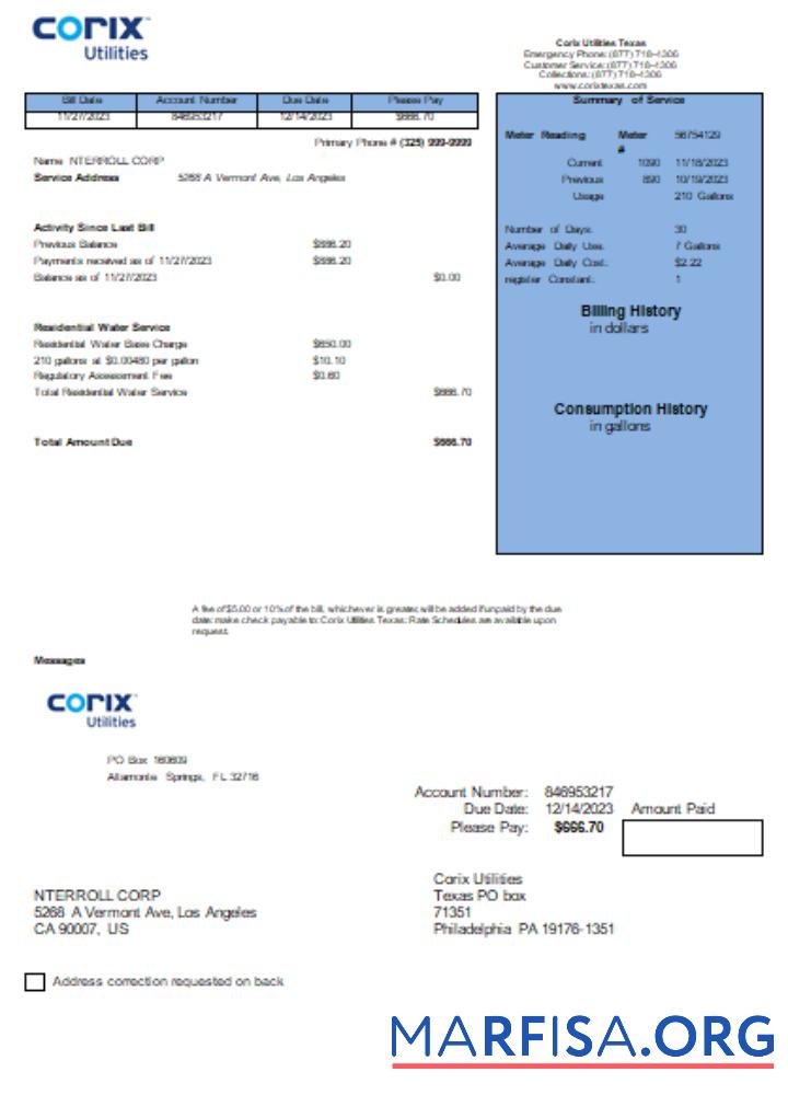 Blank Corix Utilities business bill, SCR real example